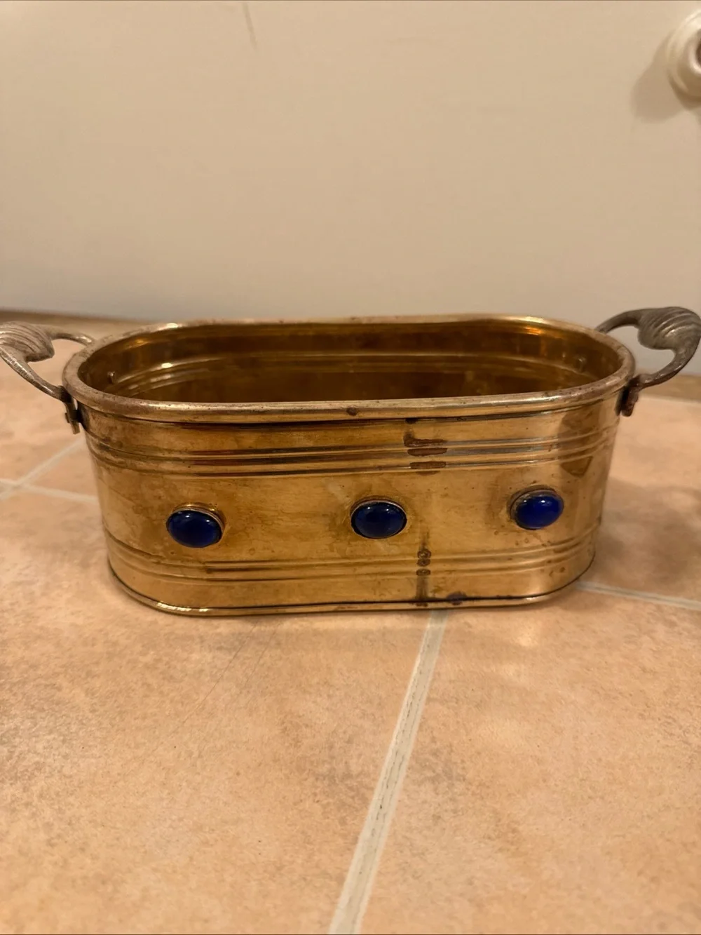 2 Vintage Brass Planters  W/Handles & Jewels Along The Side
